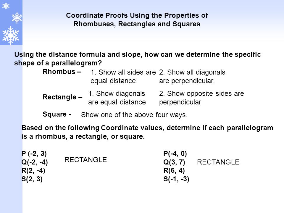 Coordinate Proofs Using the Properties of Rhombuses, Rectangles and Squares