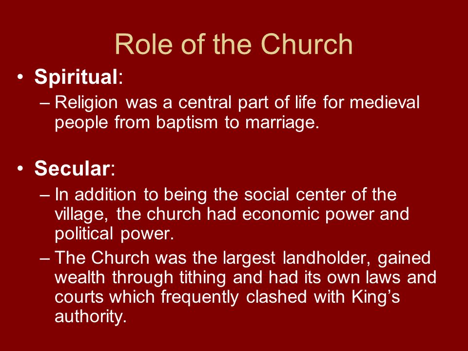Role of the Church Spiritual: Secular: