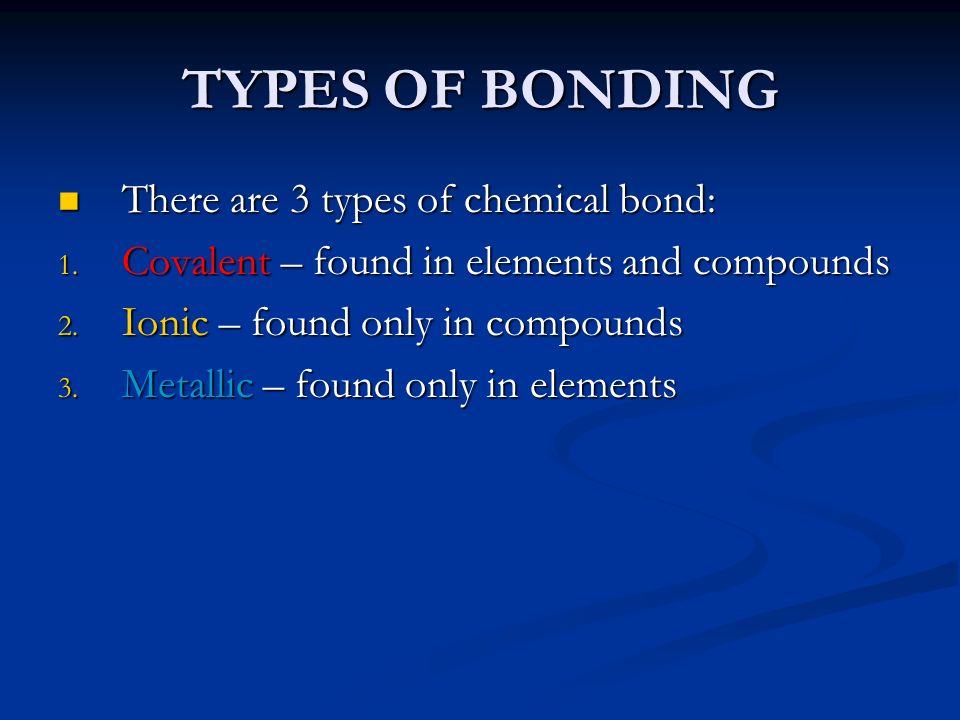 TYPES OF BONDING There are 3 types of chemical bond: