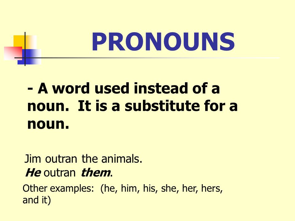 PRONOUNS - A word used instead of a noun. It is a substitute for a noun. Jim outran the animals. He outran them.