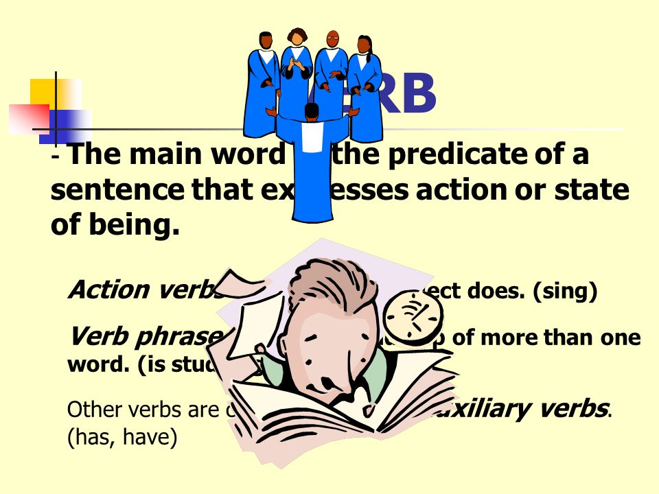 VERB Action verbs tell what the subject does. (sing)