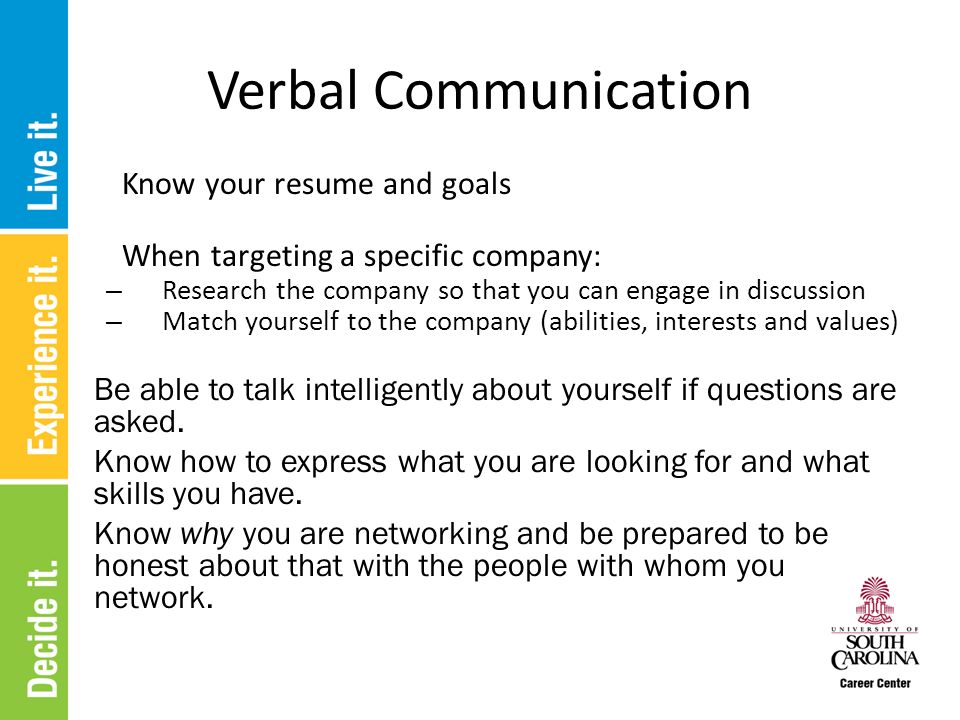 Verbal Communication Know your resume and goals