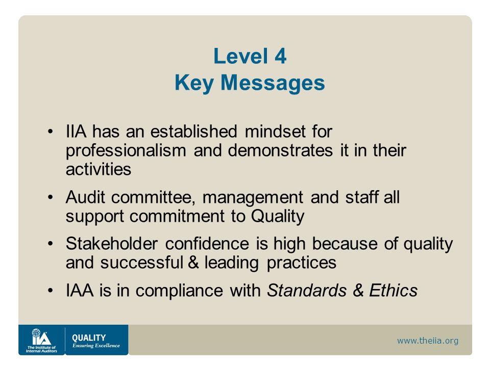 Level 4 Key Messages IIA has an established mindset for professionalism and demonstrates it in their activities.