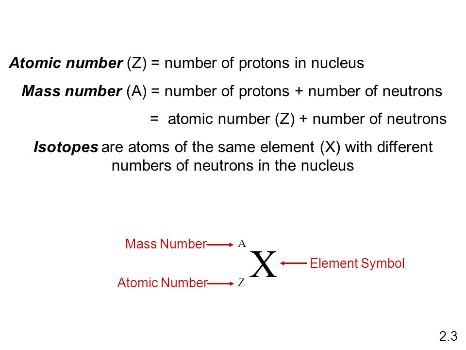 X Atomic number (Z) = number of protons in nucleus