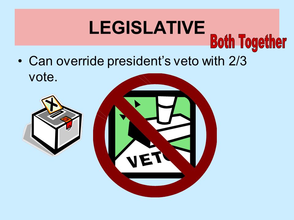 LEGISLATIVE Both Together Can override president’s veto with 2/3 vote.