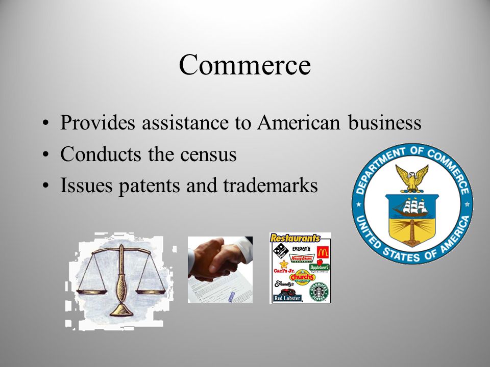 Commerce Provides assistance to American business Conducts the census