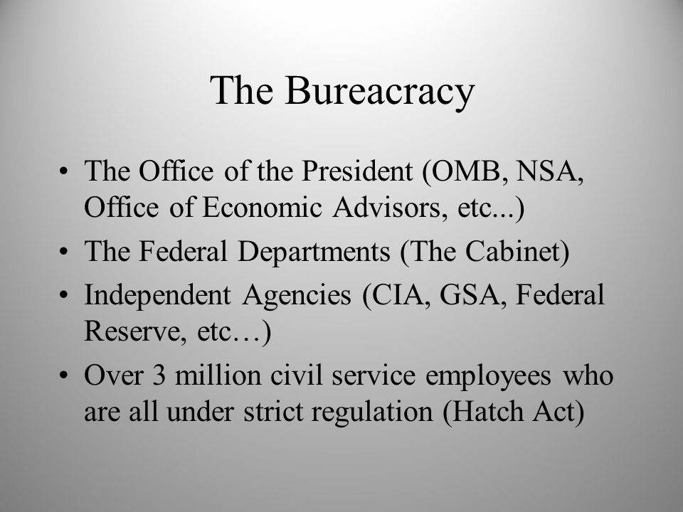The Bureacracy The Office of the President (OMB, NSA, Office of Economic Advisors, etc...) The Federal Departments (The Cabinet)
