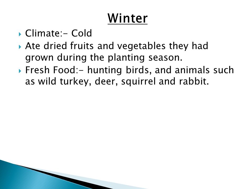 Winter Climate:- Cold. Ate dried fruits and vegetables they had grown during the planting season.