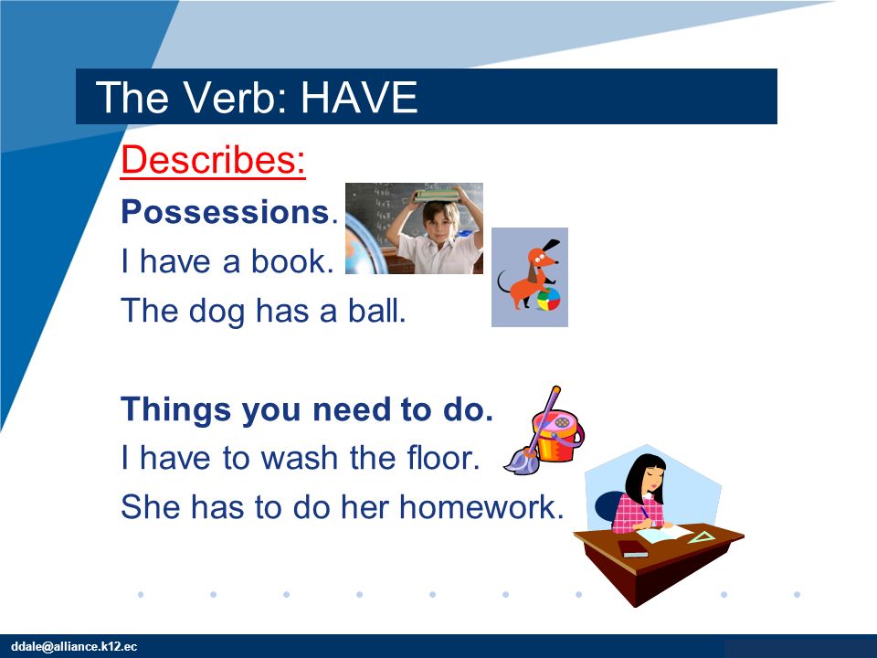 The Verb: HAVE Describes: Possessions. I have a book.