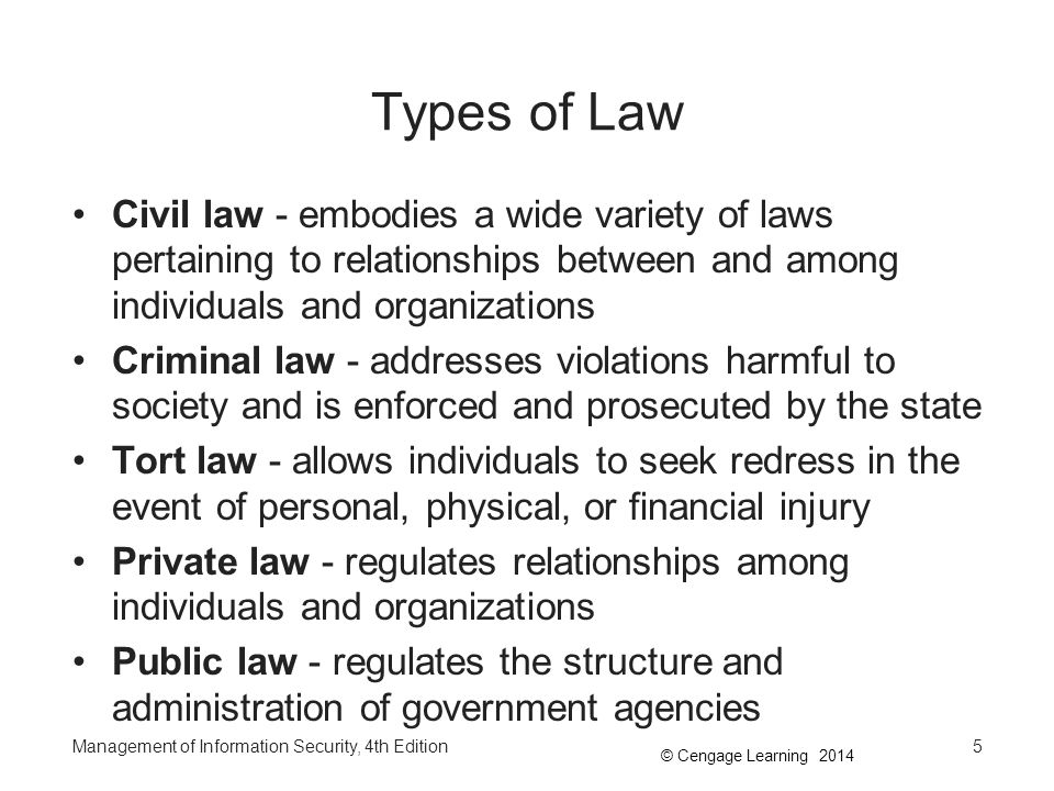 Types of Law Civil law - embodies a wide variety of laws pertaining to relationships between and among individuals and organizations.