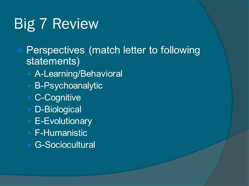 Big 7 Review Perspectives (match letter to following statements)