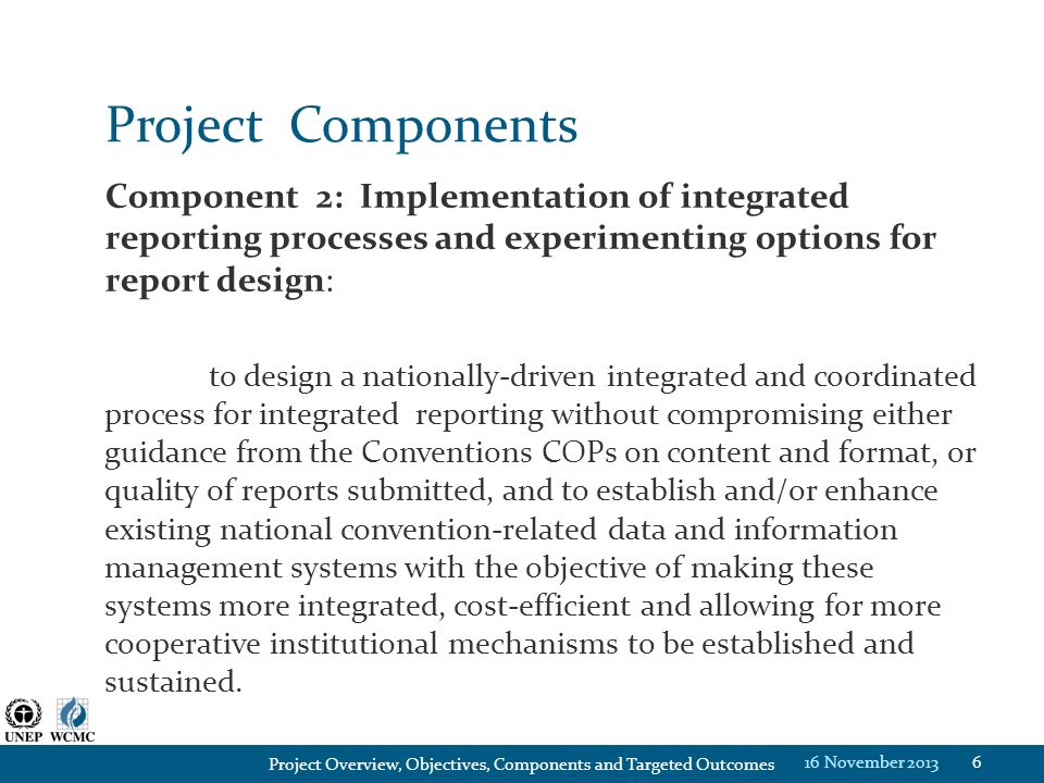 Project Components Component 2: Implementation of integrated reporting processes and experimenting options for report design: