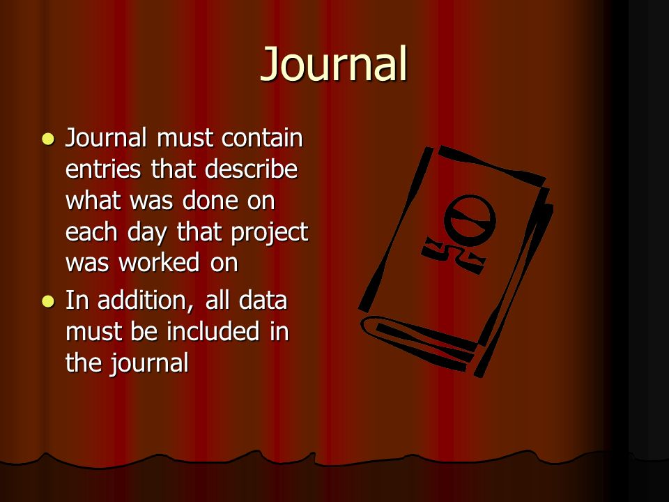 Journal Journal must contain entries that describe what was done on each day that project was worked on.