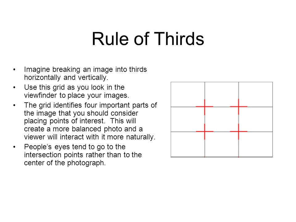 Rule of Thirds Imagine breaking an image into thirds horizontally and vertically. Use this grid as you look in the viewfinder to place your images.