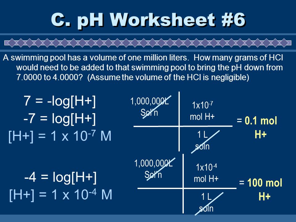 C. pH Worksheet #6 7 = -log[H+] -7 = log[H+] [H+] = 1 x 10-7 M