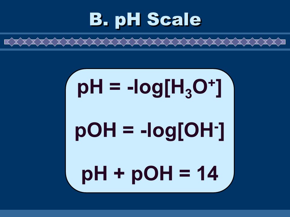 pH = -log[H3O+] pOH = -log[OH-] pH + pOH = 14