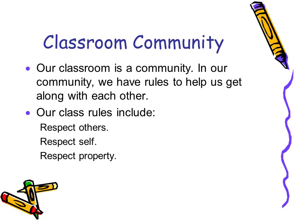 Classroom Community Our classroom is a community. In our community, we have rules to help us get along with each other.