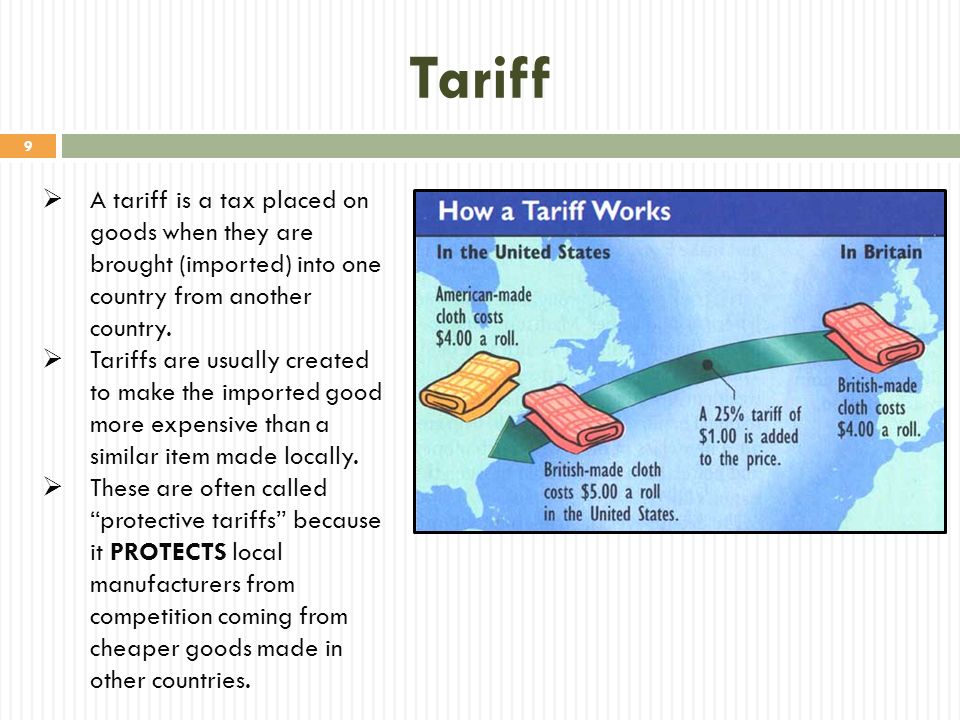 Tariff A tariff is a tax placed on goods when they are brought (imported) into one country from another country.