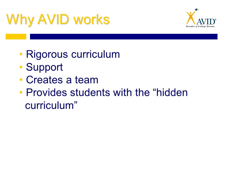 Why AVID works Rigorous curriculum Support Creates a team