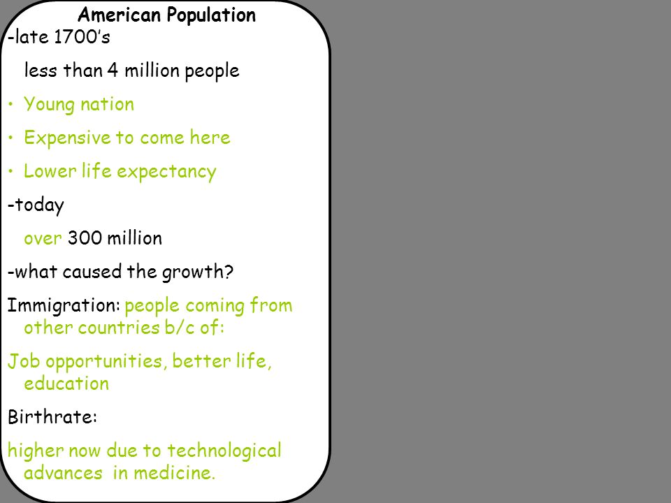 American Population -late 1700’s. less than 4 million people. Young nation. Expensive to come here.