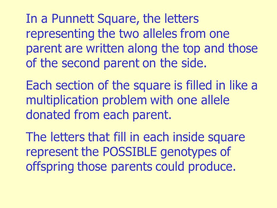 In a Punnett Square, the letters representing the two alleles from one parent are written along the top and those of the second parent on the side.