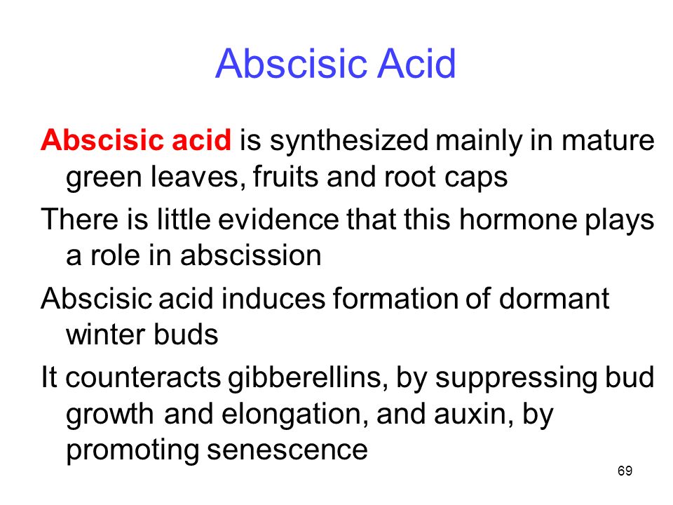 Abscisic Acid Abscisic acid is synthesized mainly in mature green leaves, fruits and root caps.