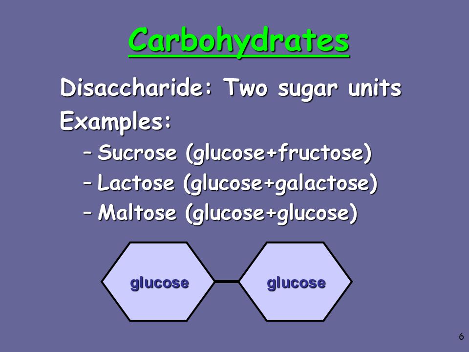 Carbohydrates Disaccharide: Two sugar units Examples: