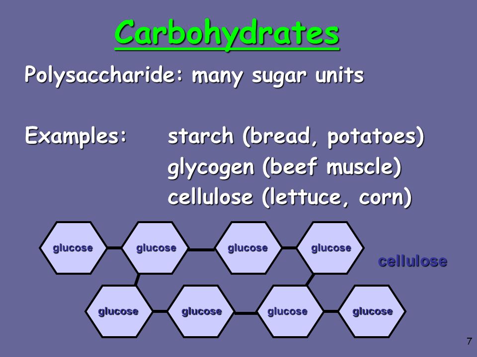 Carbohydrates Polysaccharide: many sugar units