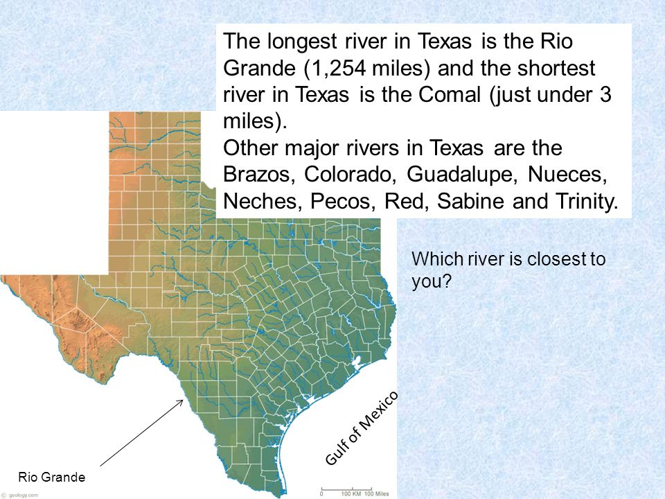 The longest river in Texas is the Rio Grande (1,254 miles) and the shortest river in Texas is the Comal (just under 3 miles). Other major rivers in Texas are the Brazos, Colorado, Guadalupe, Nueces, Neches, Pecos, Red, Sabine and Trinity.
