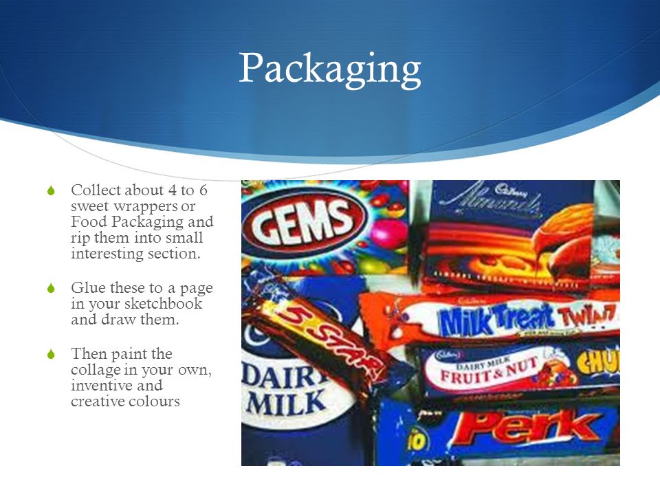 Packaging Collect about 4 to 6 sweet wrappers or Food Packaging and rip them into small interesting section.