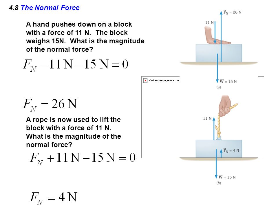 4.8 The Normal Force A hand pushes down on a block with a force of 11 N. The block weighs 15N. What is the magnitude of the normal force