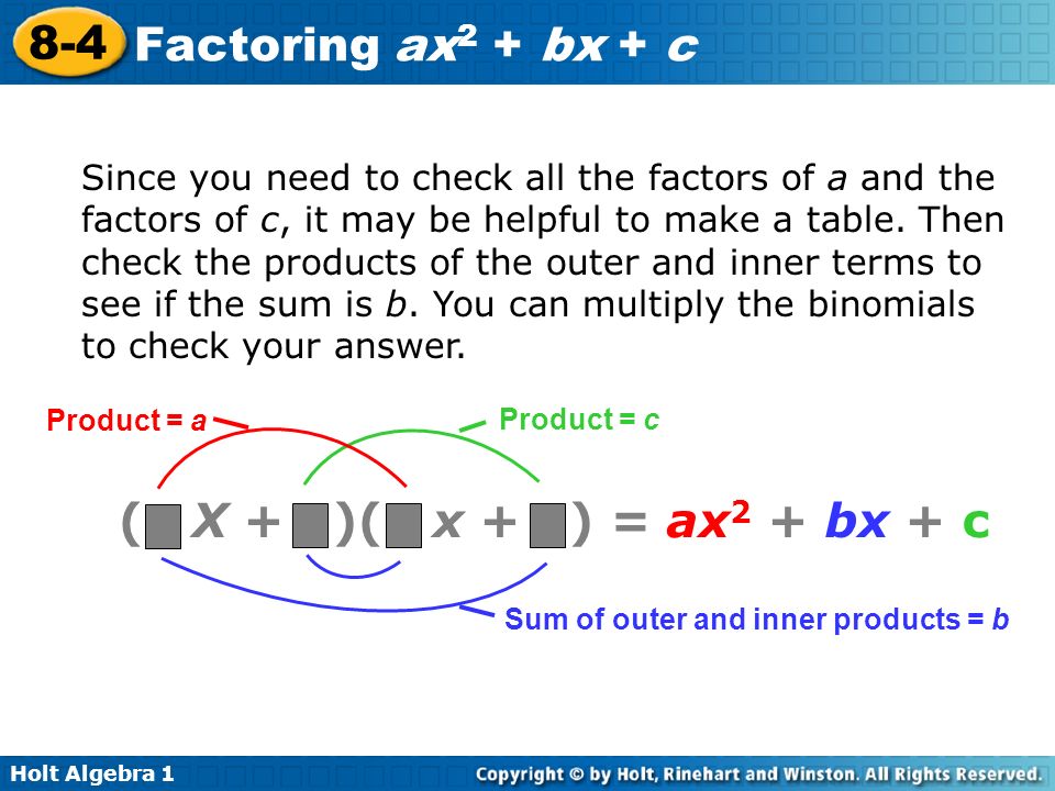 Since you need to check all the factors of a and the factors of c, it may be helpful to make a table. Then check the products of the outer and inner terms to see if the sum is b. You can multiply the binomials to check your answer.