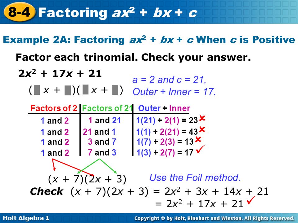Example 2A: Factoring ax2 + bx + c When c is Positive