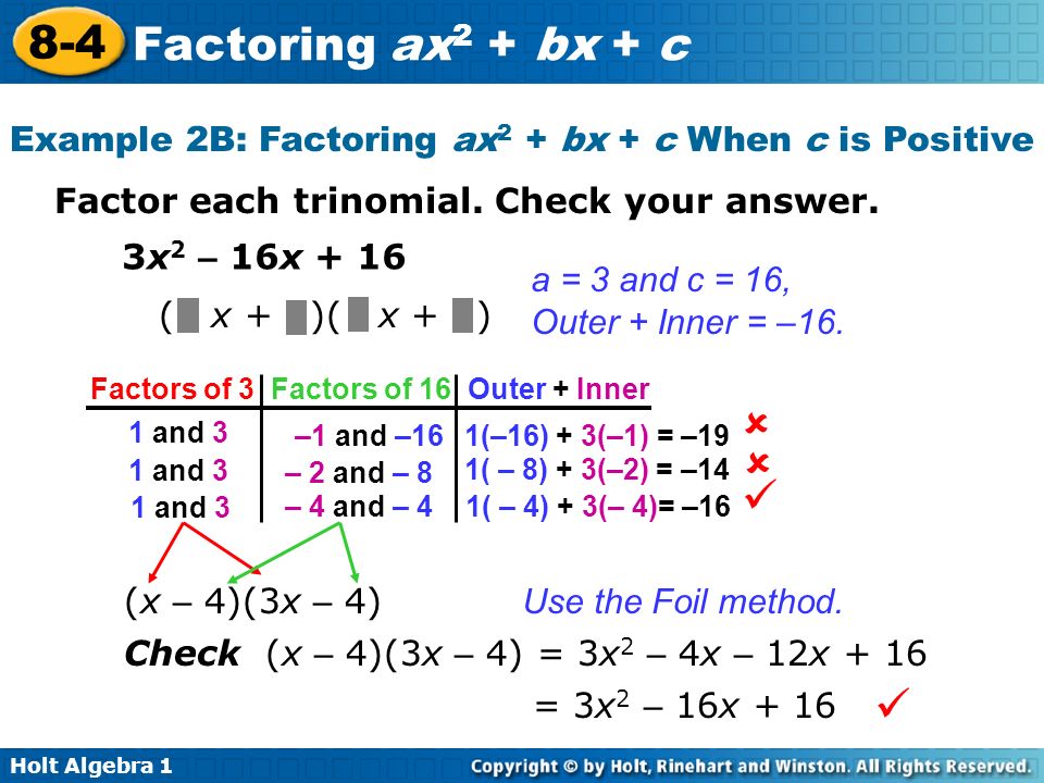 Example 2B: Factoring ax2 + bx + c When c is Positive