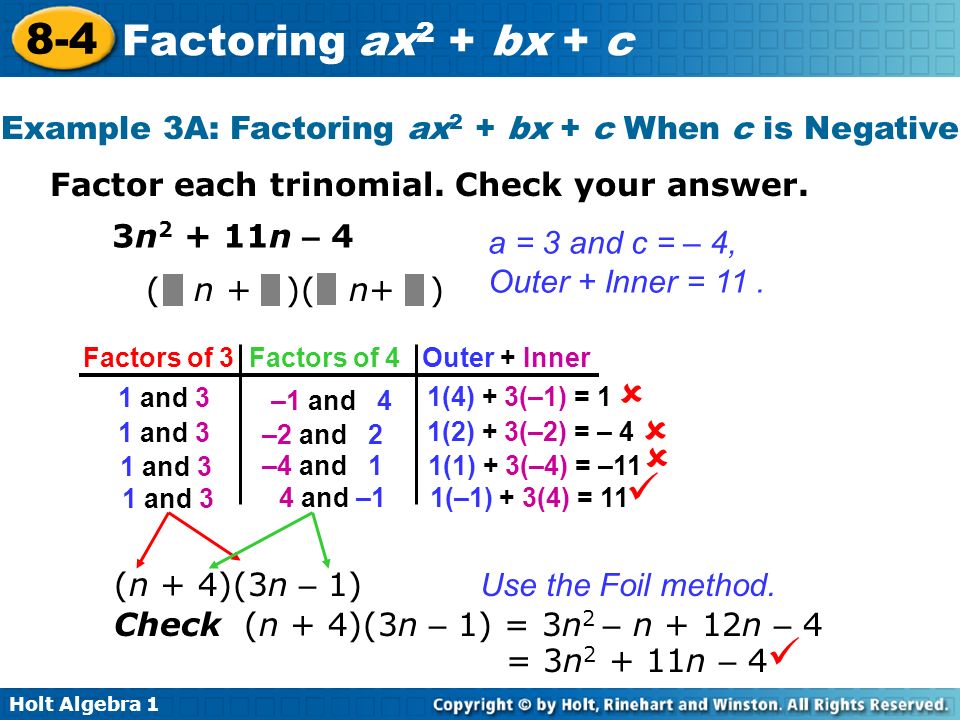 Example 3A: Factoring ax2 + bx + c When c is Negative