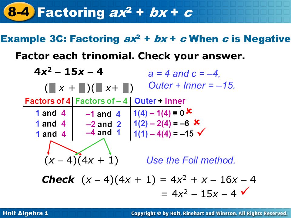 Example 3C: Factoring ax2 + bx + c When c is Negative