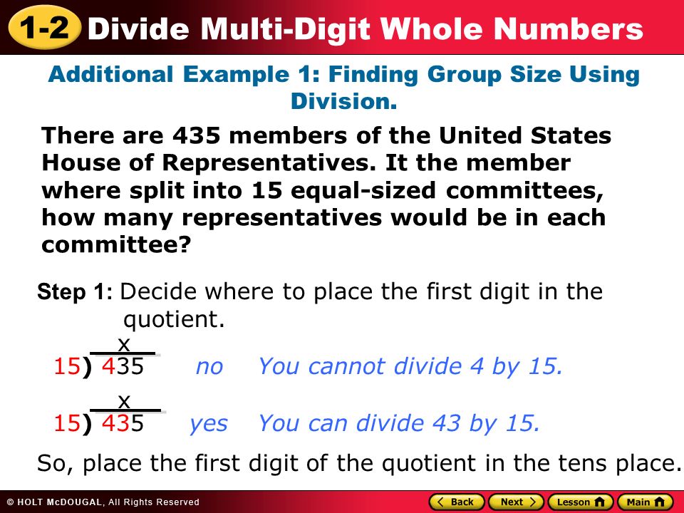 Additional Example 1: Finding Group Size Using Division.