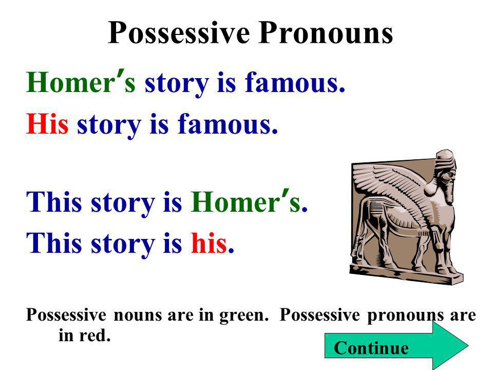 Possessive Pronouns Homer’s story is famous. His story is famous.