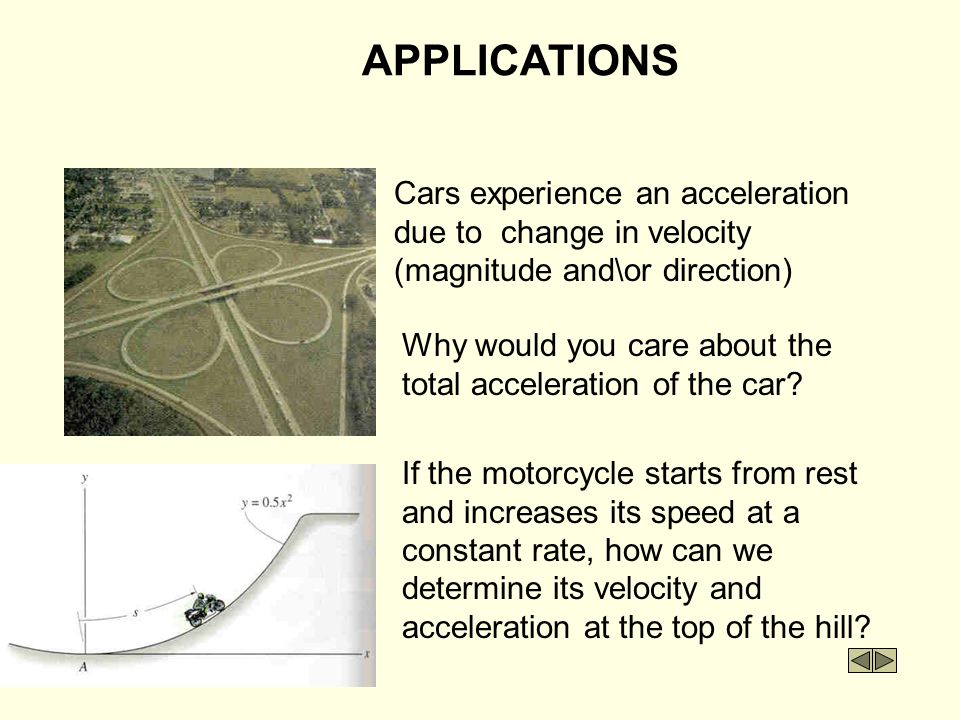 APPLICATIONS Cars experience an acceleration due to change in velocity (magnitude and\or direction)