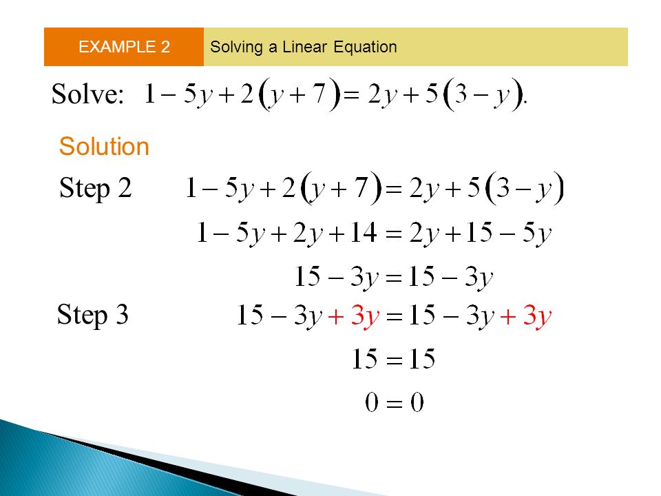 EXAMPLE 2 Solving a Linear Equation Solve: Solution Step 2 Step 3