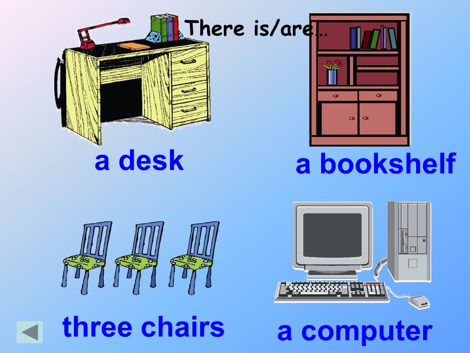 a desk There is/are… a bookshelf a computer three chairs