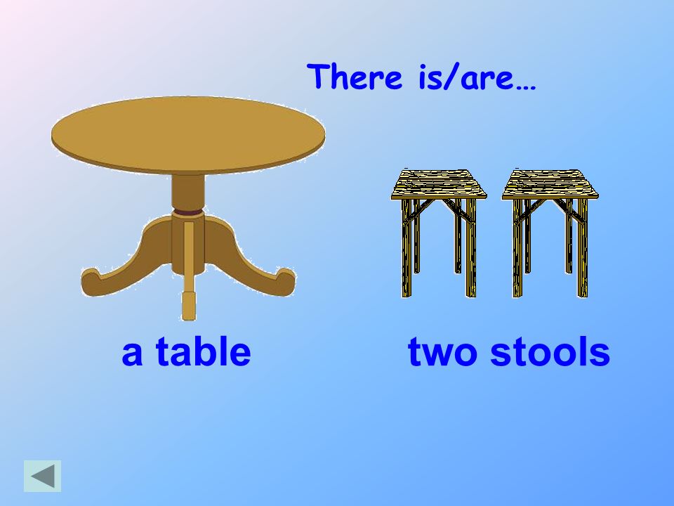 There is/are… a table two stools