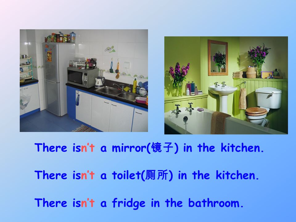 There isn’t a mirror(镜子) in the kitchen.