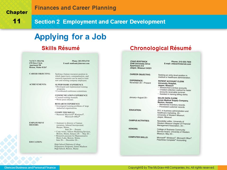 Applying for a Job 11 Finances and Career Planning Section 2