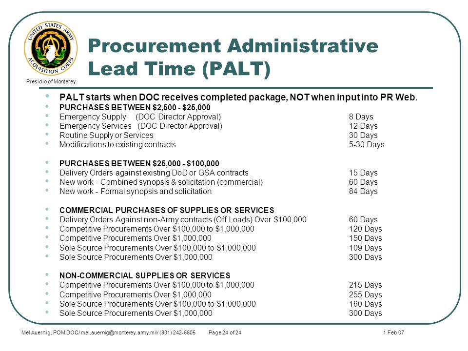 Procurement Administrative Lead Time Chart