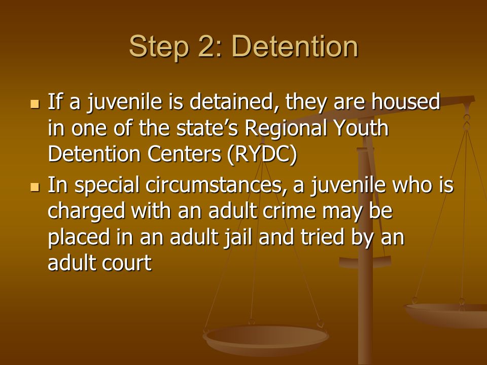 Step 2: Detention If a juvenile is detained, they are housed in one of the state’s Regional Youth Detention Centers (RYDC)