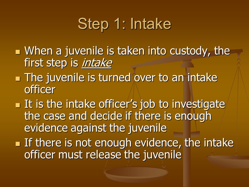 Step 1: Intake When a juvenile is taken into custody, the first step is intake. The juvenile is turned over to an intake officer.