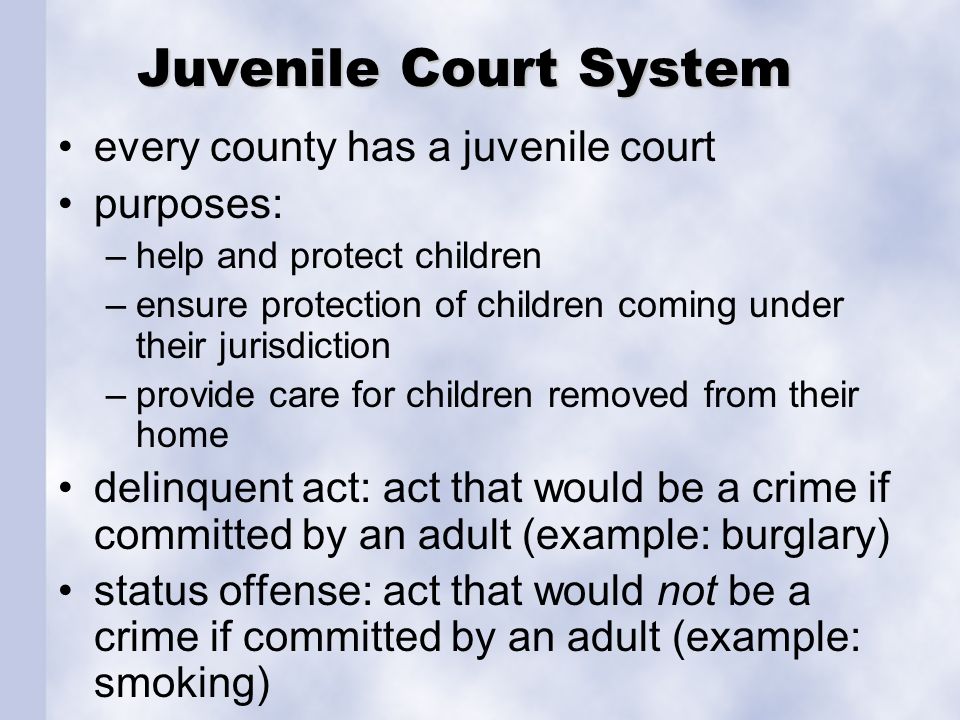 Juvenile Court System every county has a juvenile court purposes: