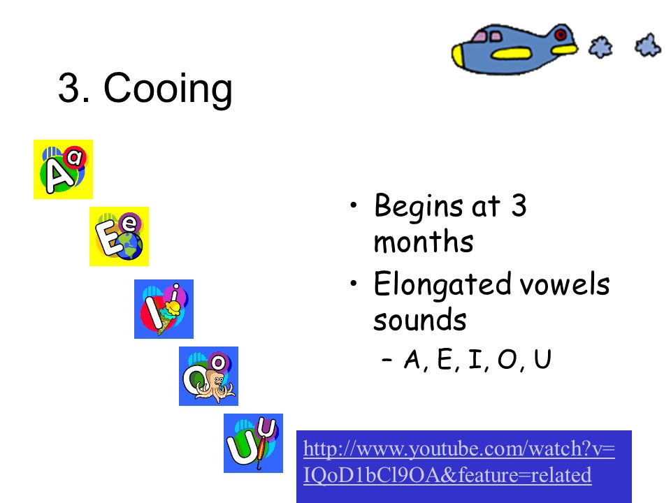 3. Cooing Begins at 3 months Elongated vowels sounds A, E, I, O, U