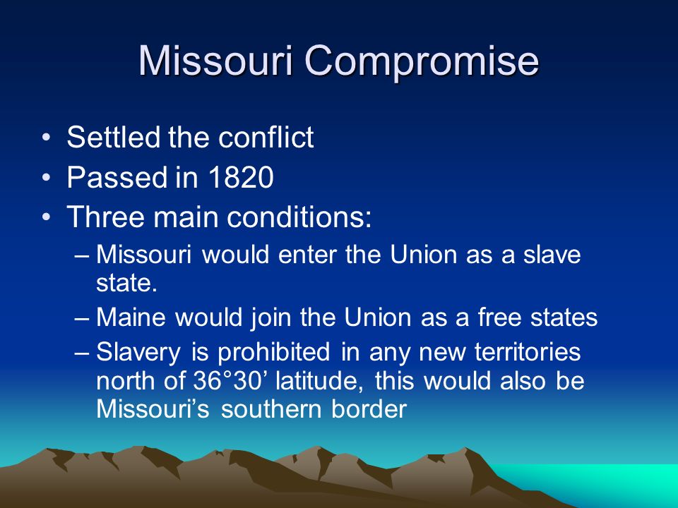 Missouri Compromise Settled the conflict Passed in 1820